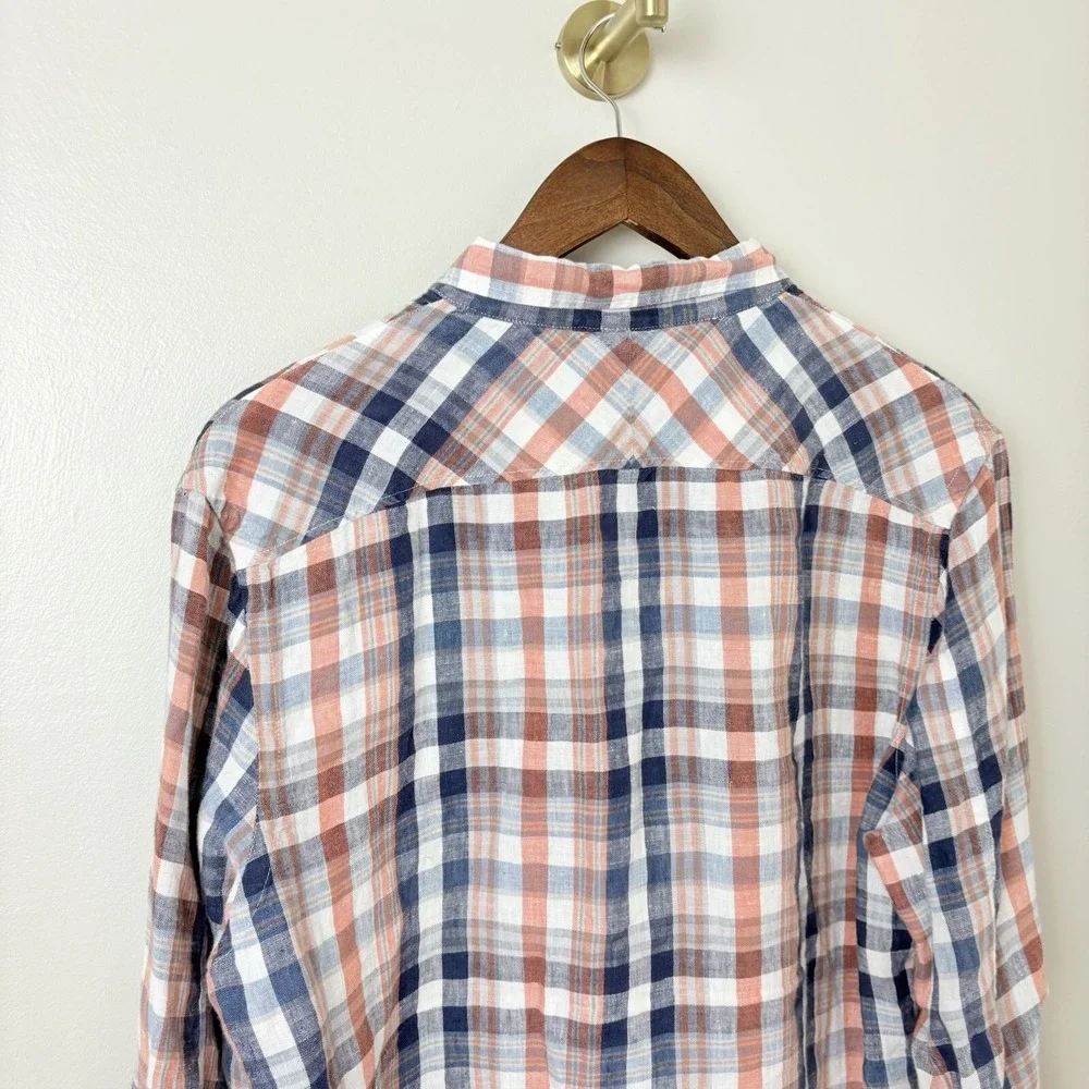 Baird McNutt Mens Linen Shirt Murano Slim Fit Blue Orange Plaid Button Up‎ Large